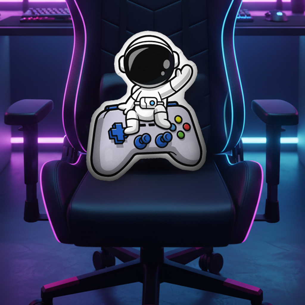 ASTRONAUT ON CONTROLLER CUSTOM SHAPED PILLOW (14"w X 18"h)