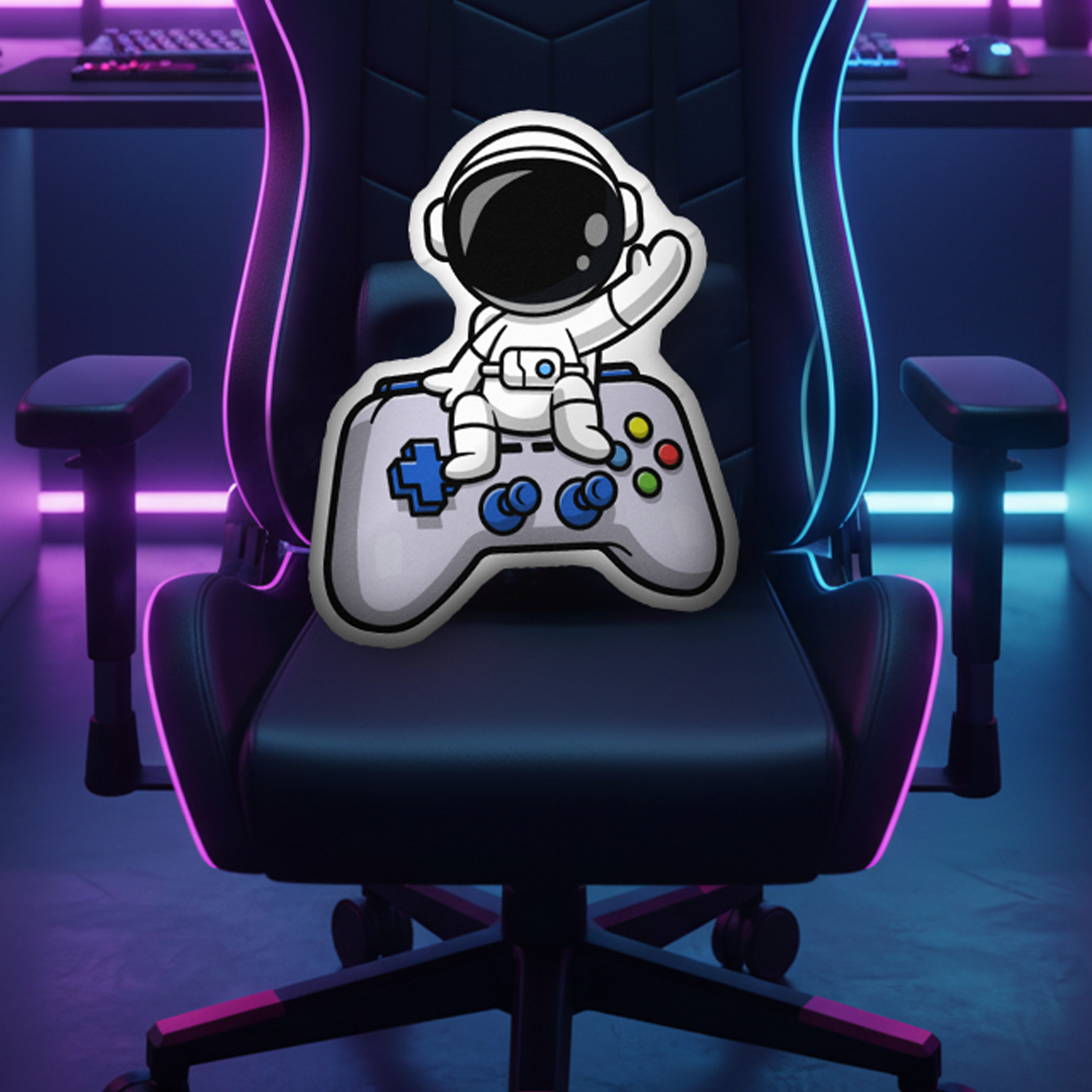 ASTRONAUT ON CONTROLLER CUSTOM SHAPED PILLOW (14"w X 18"h)